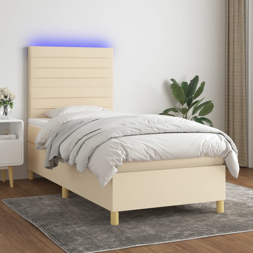 krémszínű szövet rugós és LED-es ágy matraccal 90x200 cm