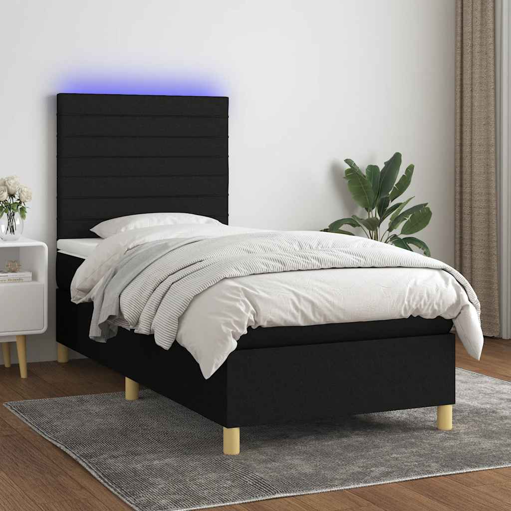 fekete szövet rugós és LED-es ágy matraccal 100x200 cm