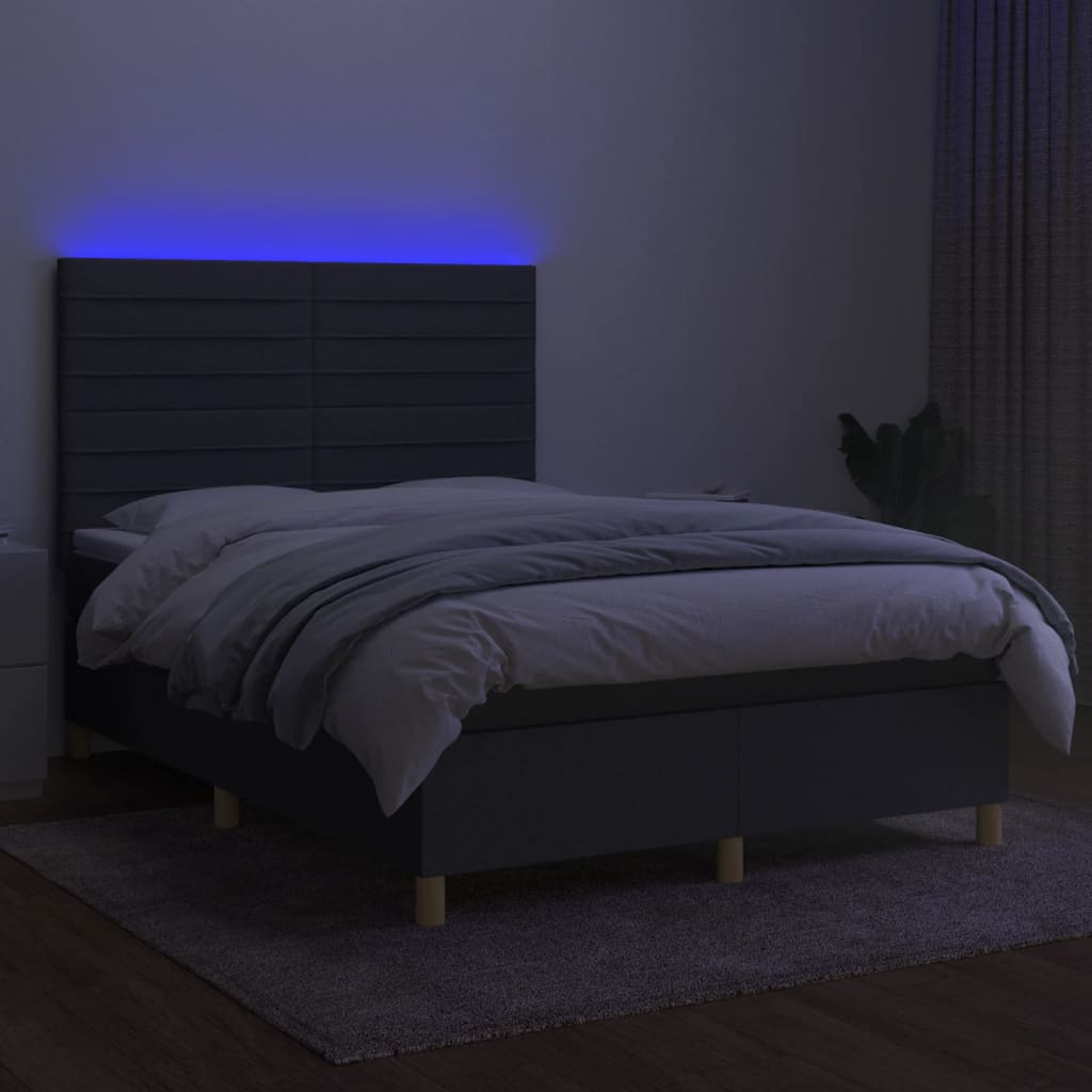 sötétszürke szövet rugós és LED-es ágy matraccal 140x200 cm