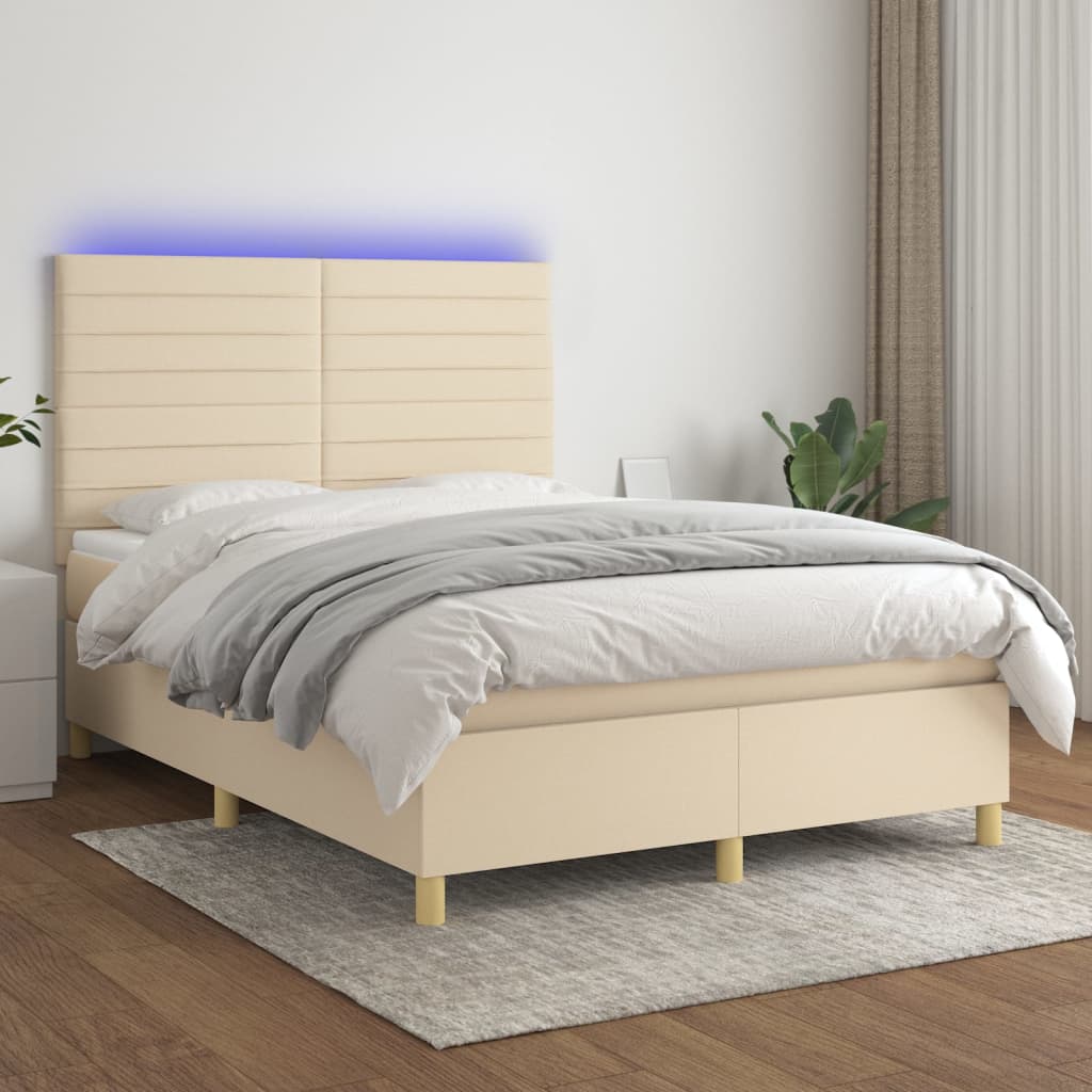 krémszínű szövet rugós és LED-es ágy matraccal 140x200 cm