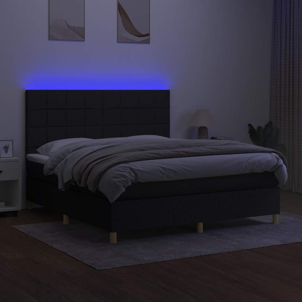 fekete szövet rugós és LED-es ágy matraccal 180 x 200 cm