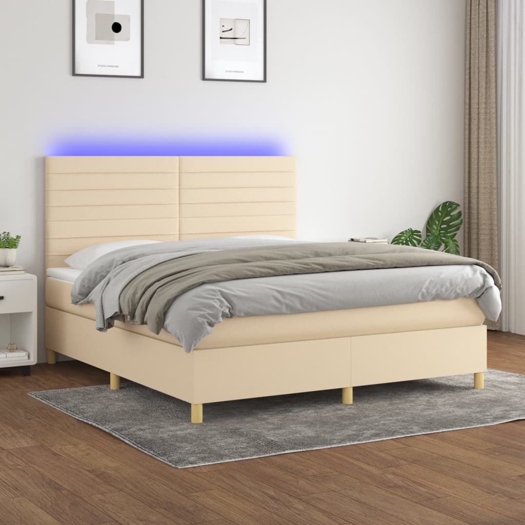 krémszínű szövet rugós és LED-es ágy matraccal 180 x 200 cm