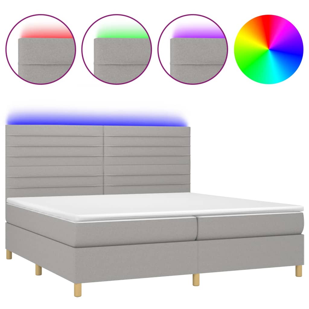 világosszürke szövet rugós és LED-es ágy matraccal 200x200 cm