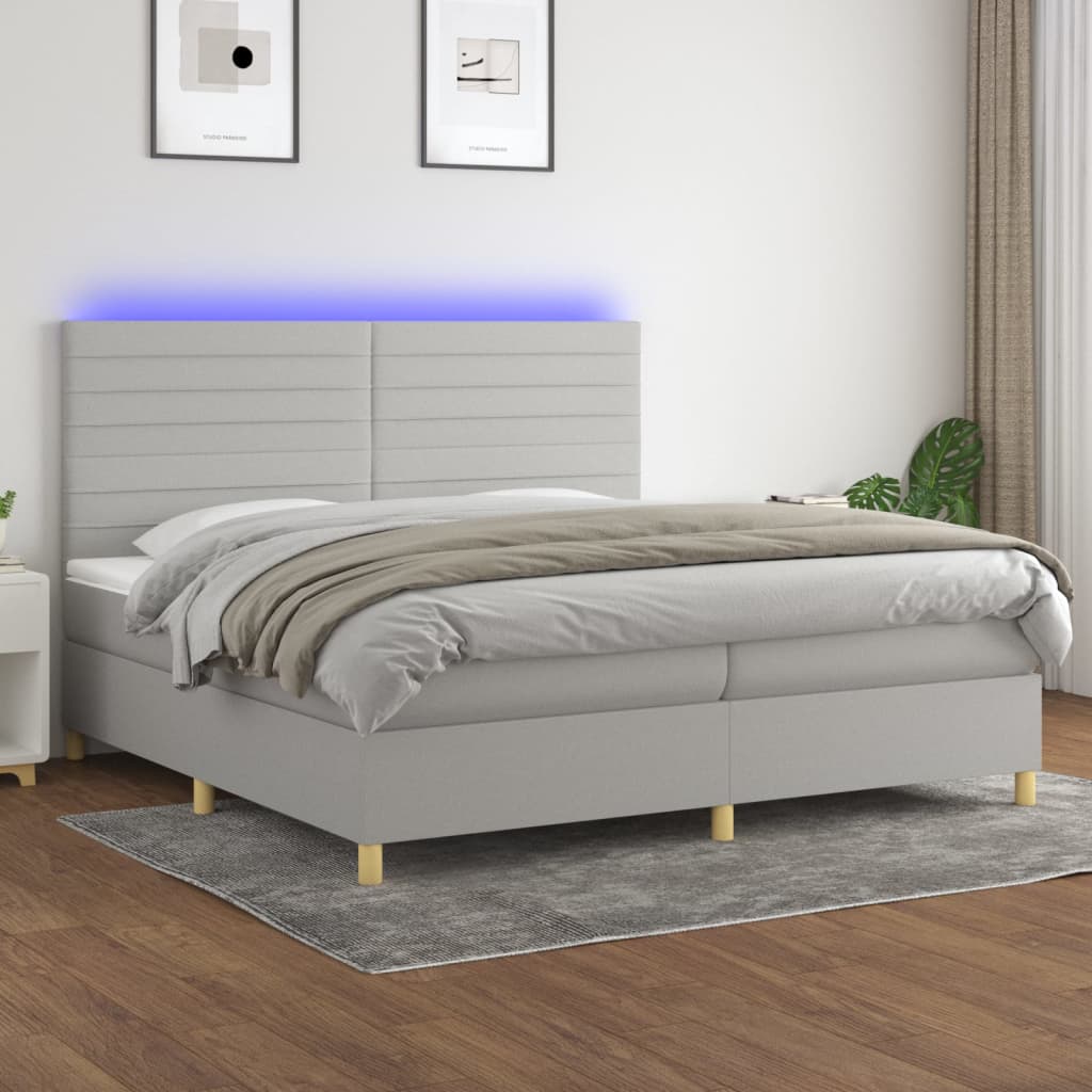 világosszürke szövet rugós és LED-es ágy matraccal 200x200 cm