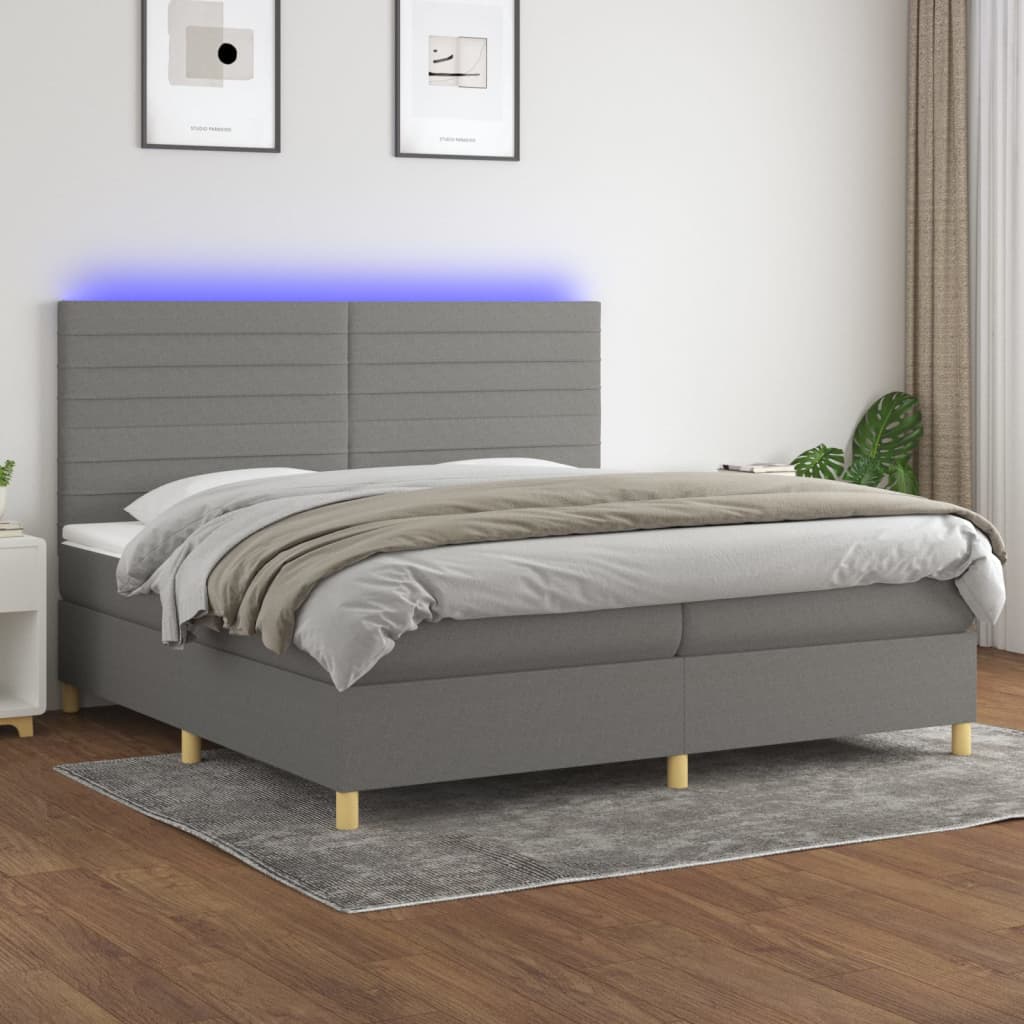 sötétszürke szövet rugós és LED-es ágy matraccal 200x200 cm
