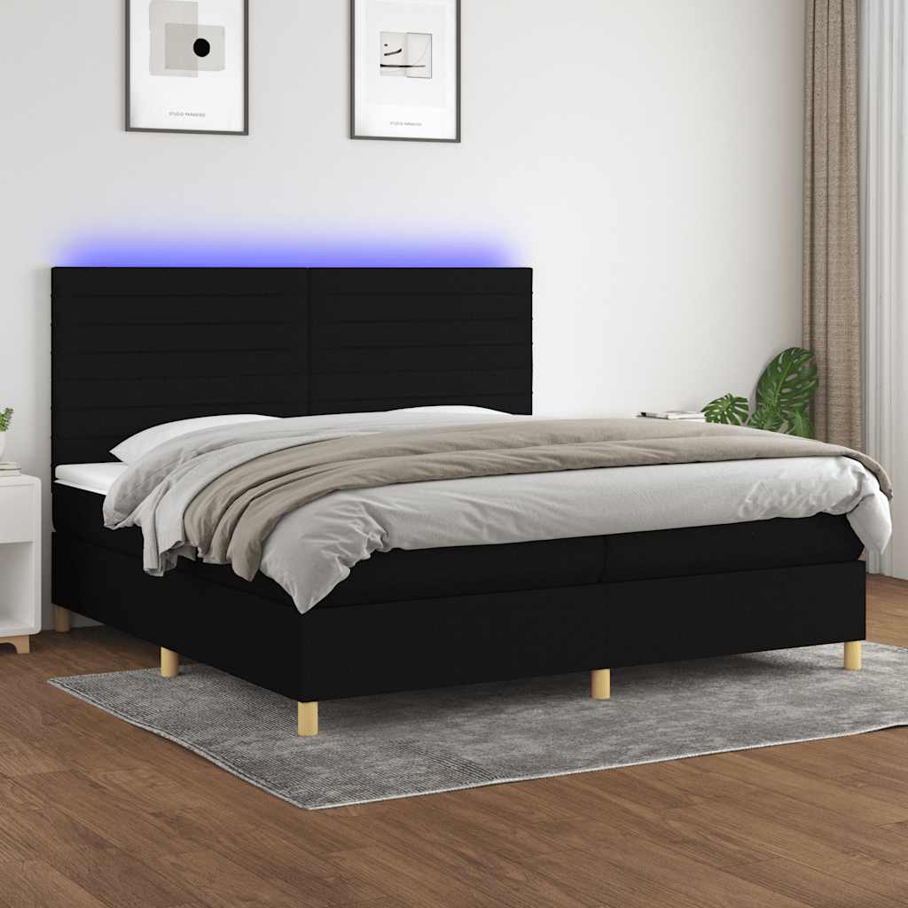 fekete szövet rugós és LED-es ágy matraccal 200x200 cm