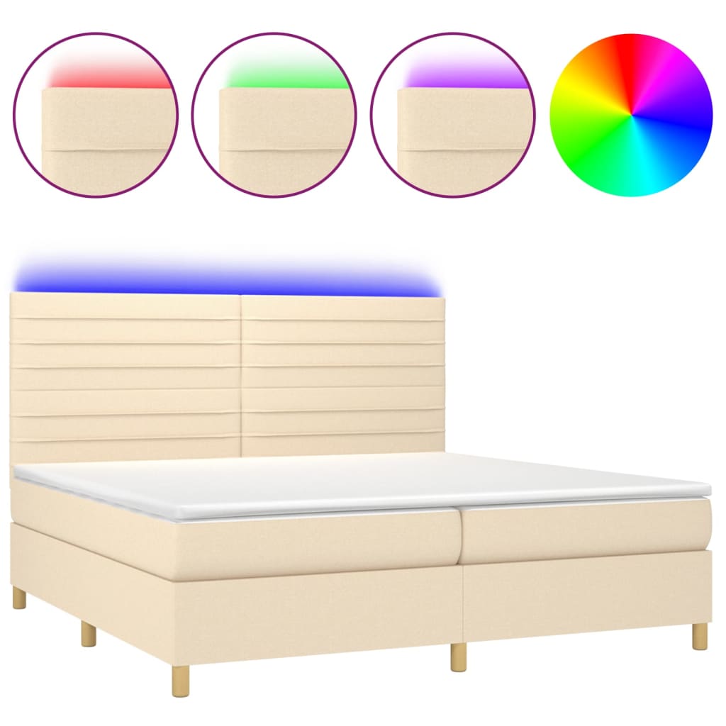 krémszínű szövet rugós és LED-es ágy matraccal 200 x 200 cm