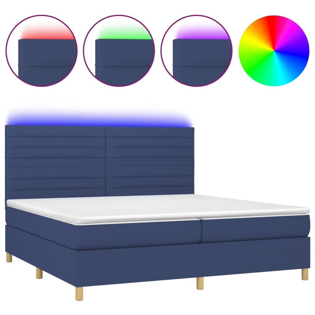 kék szövet rugós és LED-es ágy matraccal 200 x 200 cm