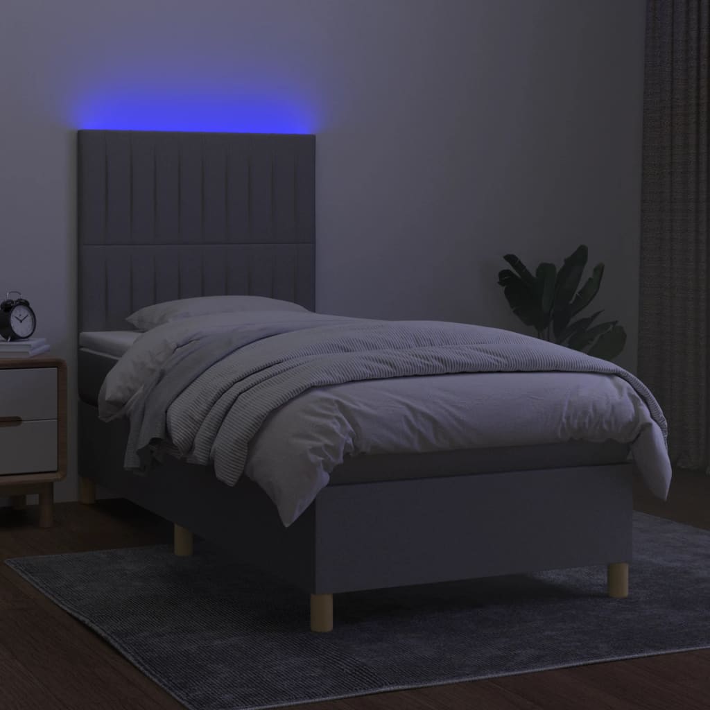 világosszürke szövet rugós és LED-es ágy matraccal 90x190 cm