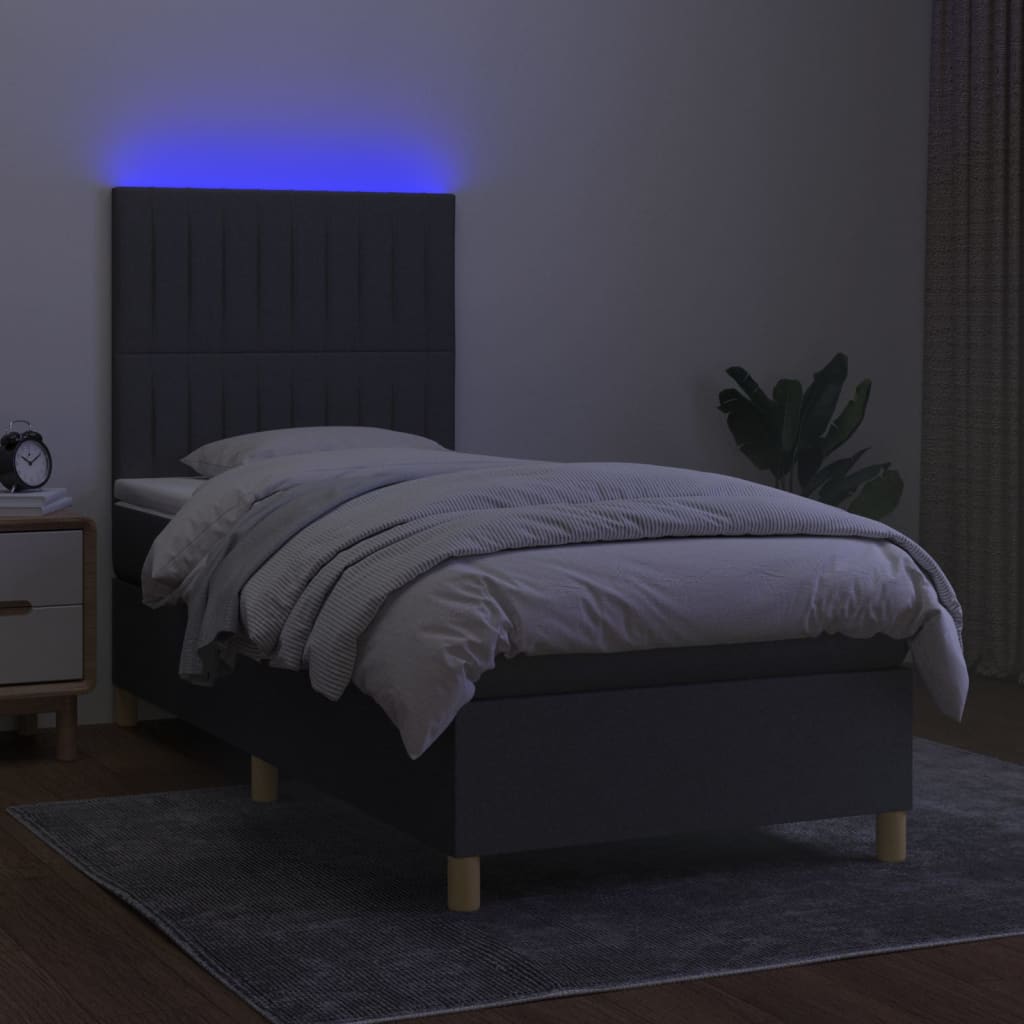 sötétszürke szövet rugós és LED-es ágy matraccal 90x190 cm