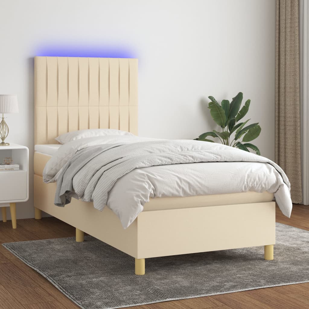krémszínű szövet rugós és LED-es ágy matraccal 90x200 cm