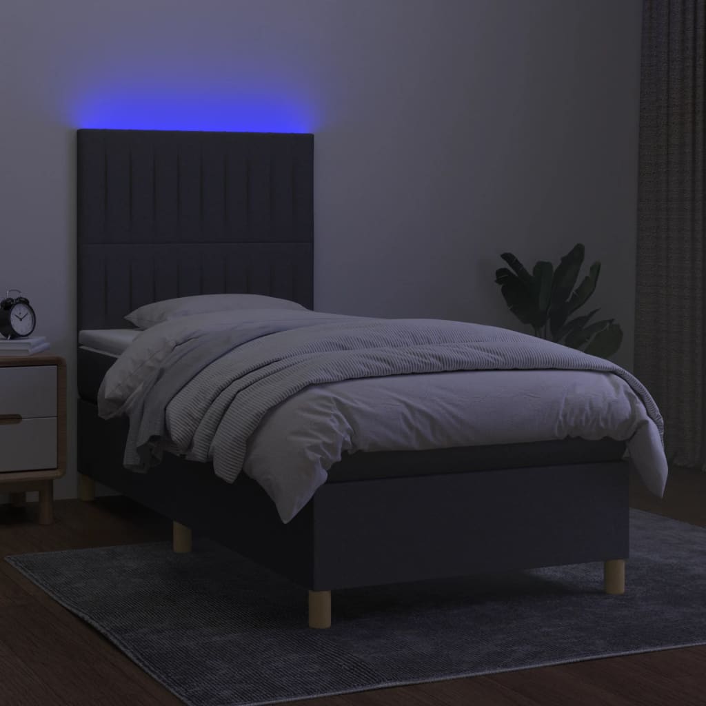 sötétszürke szövet rugós és LED-es ágy matraccal 100x200 cm
