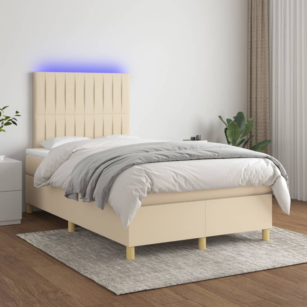 krémszínű szövet rugós és LED-es ágy matraccal 120 x 200 cm