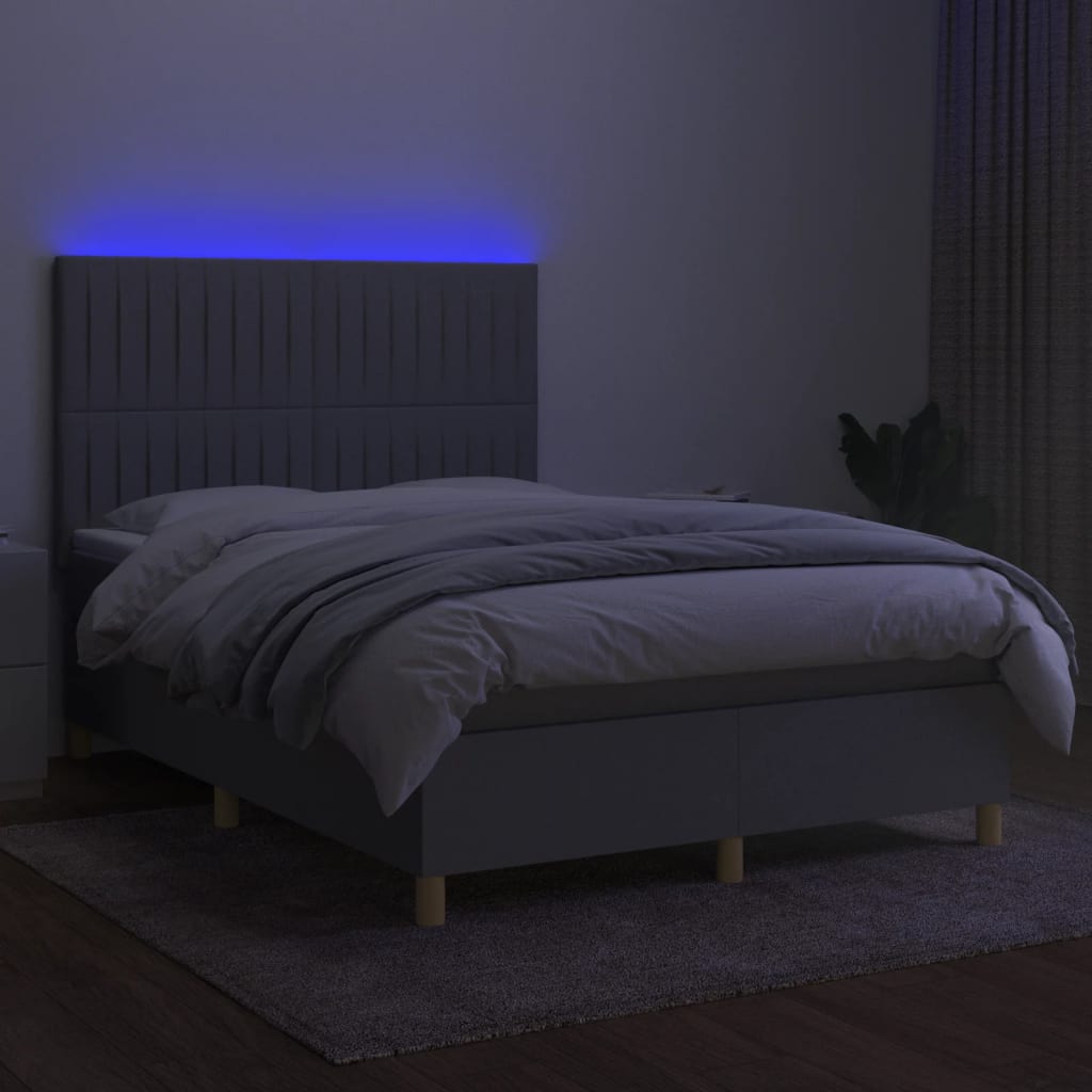 sötétszürke szövet rugós és LED-es ágy matraccal 140x190 cm
