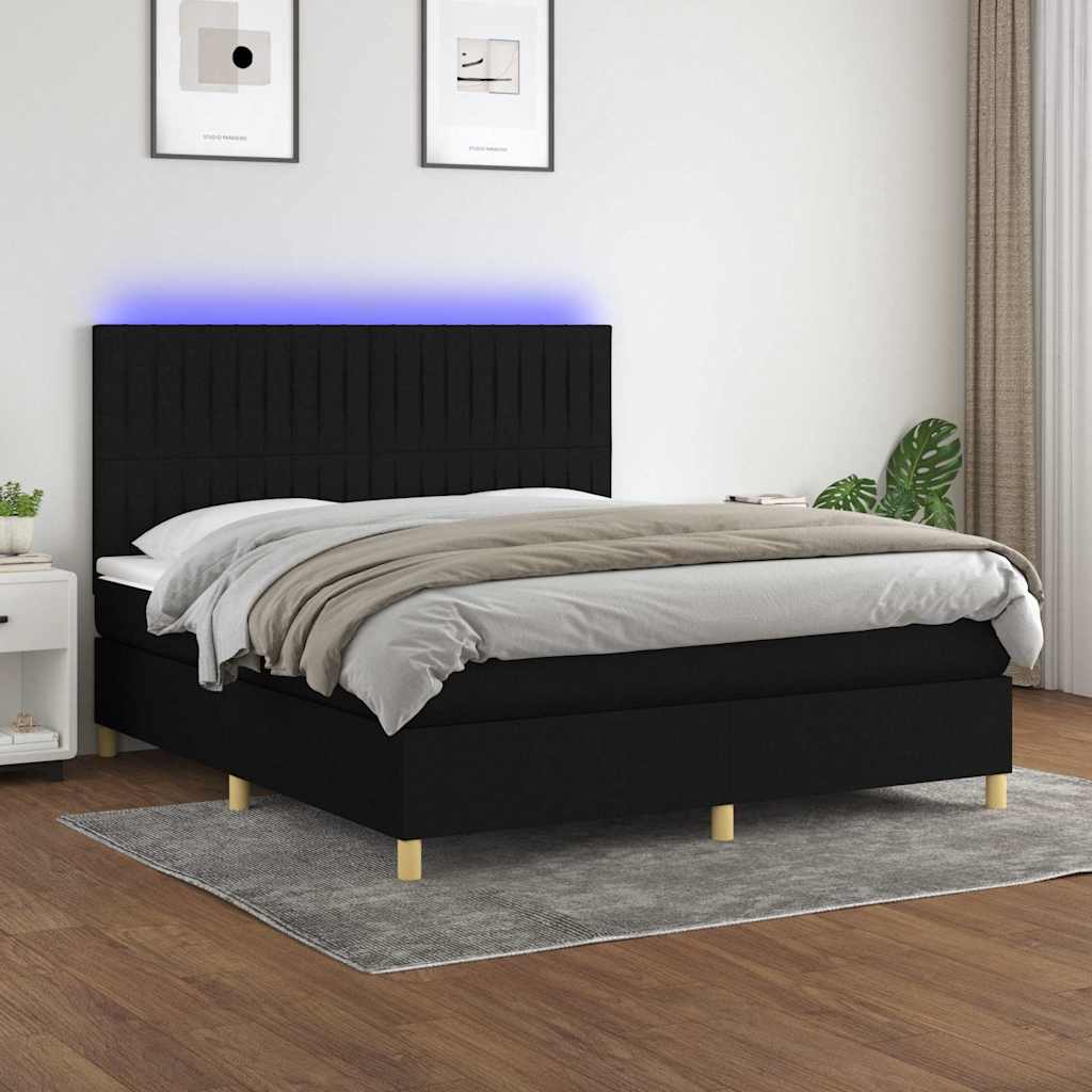 fekete szövet rugós és LED-es ágy matraccal 180 x 200 cm