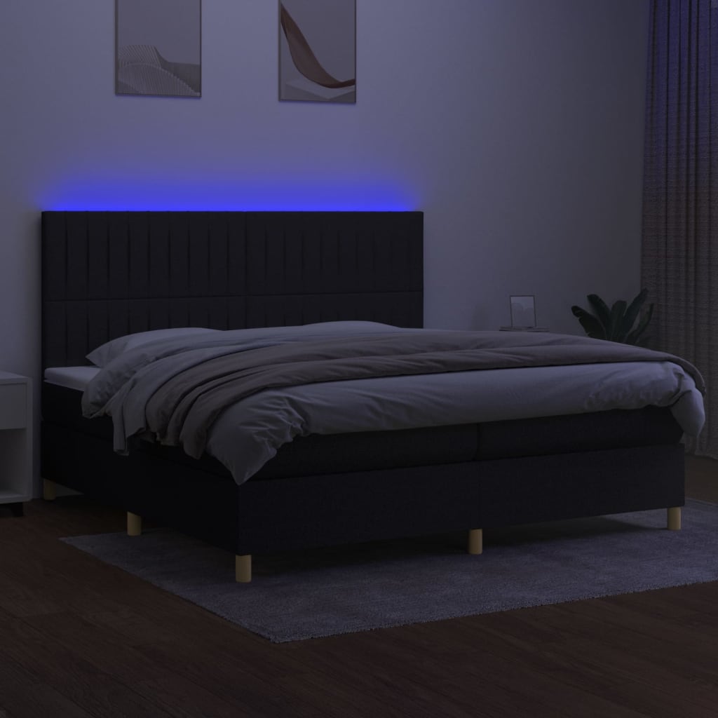 fekete szövet rugós és LED-es ágy matraccal 200x200 cm