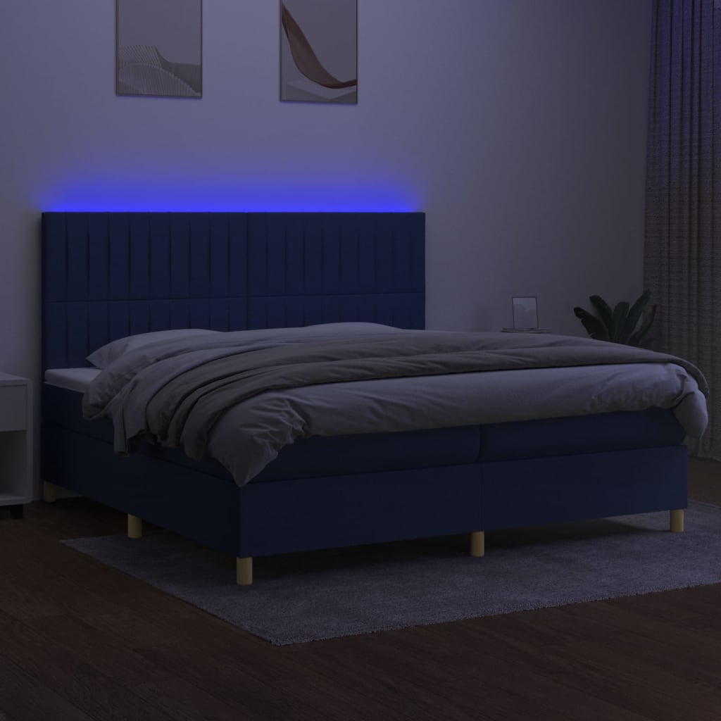 kék szövet rugós és LED-es ágy matraccal 200 x 200 cm