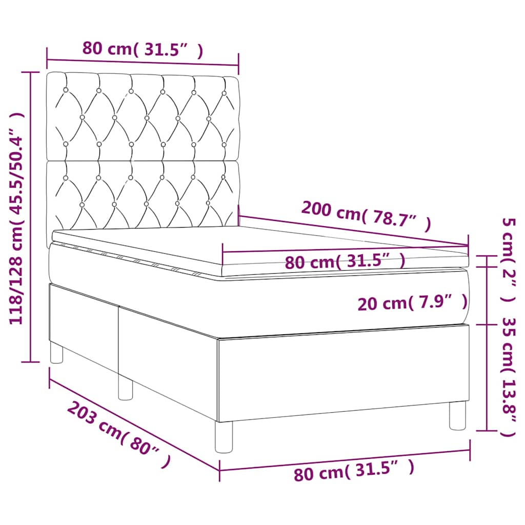 fekete szövet rugós és LED-es ágy matraccal 80 x 200 cm