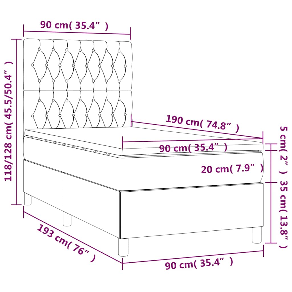fekete szövet rugós és LED-es ágy matraccal 90x190 cm