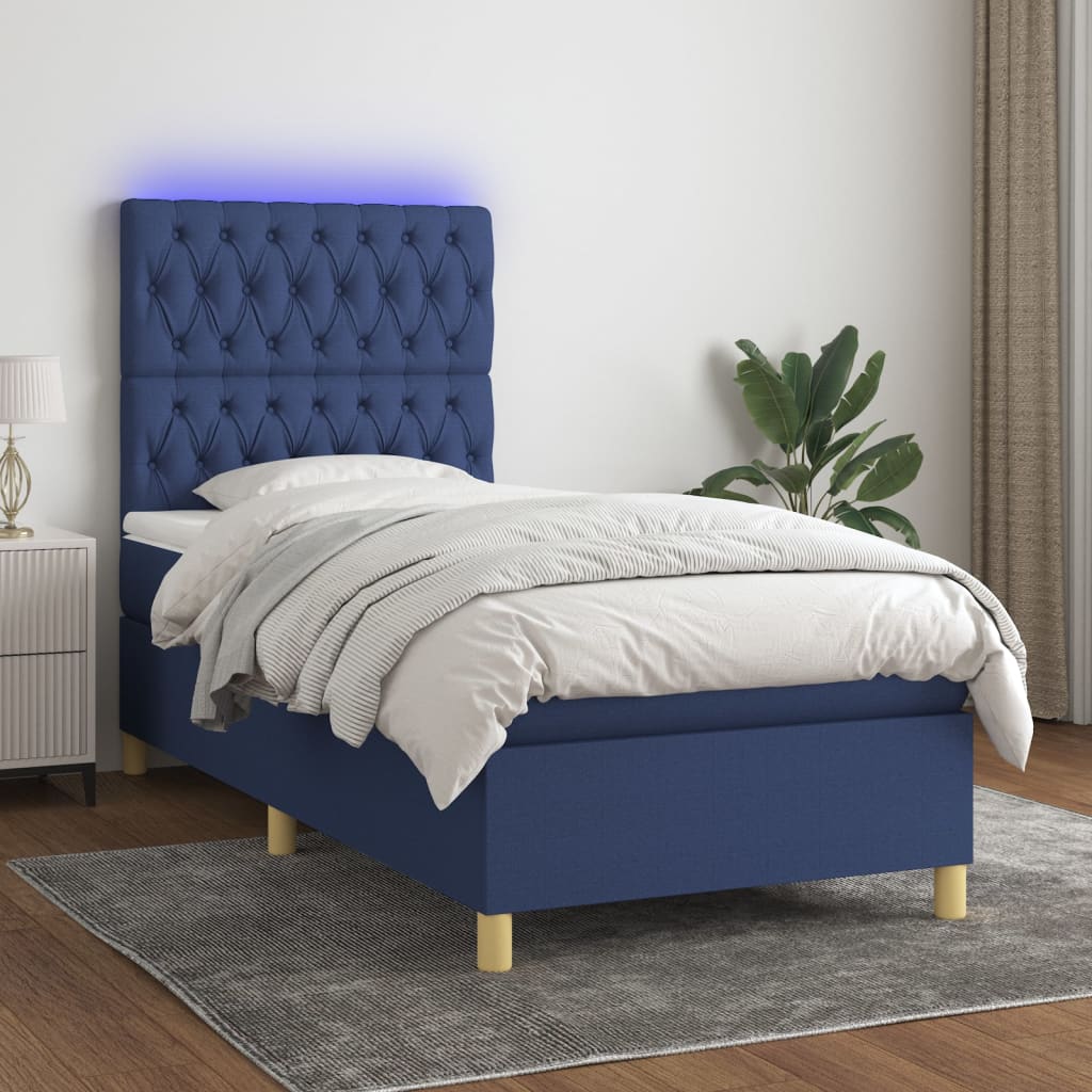 kék szövet rugós és LED-es ágy matraccal 90x190 cm