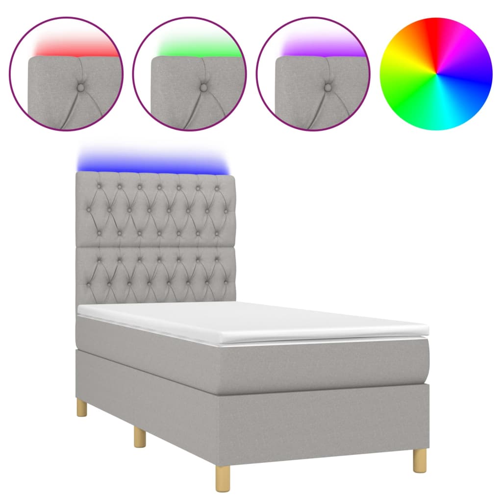 világosszürke szövet rugós és LED-es ágy matraccal 90x200 cm