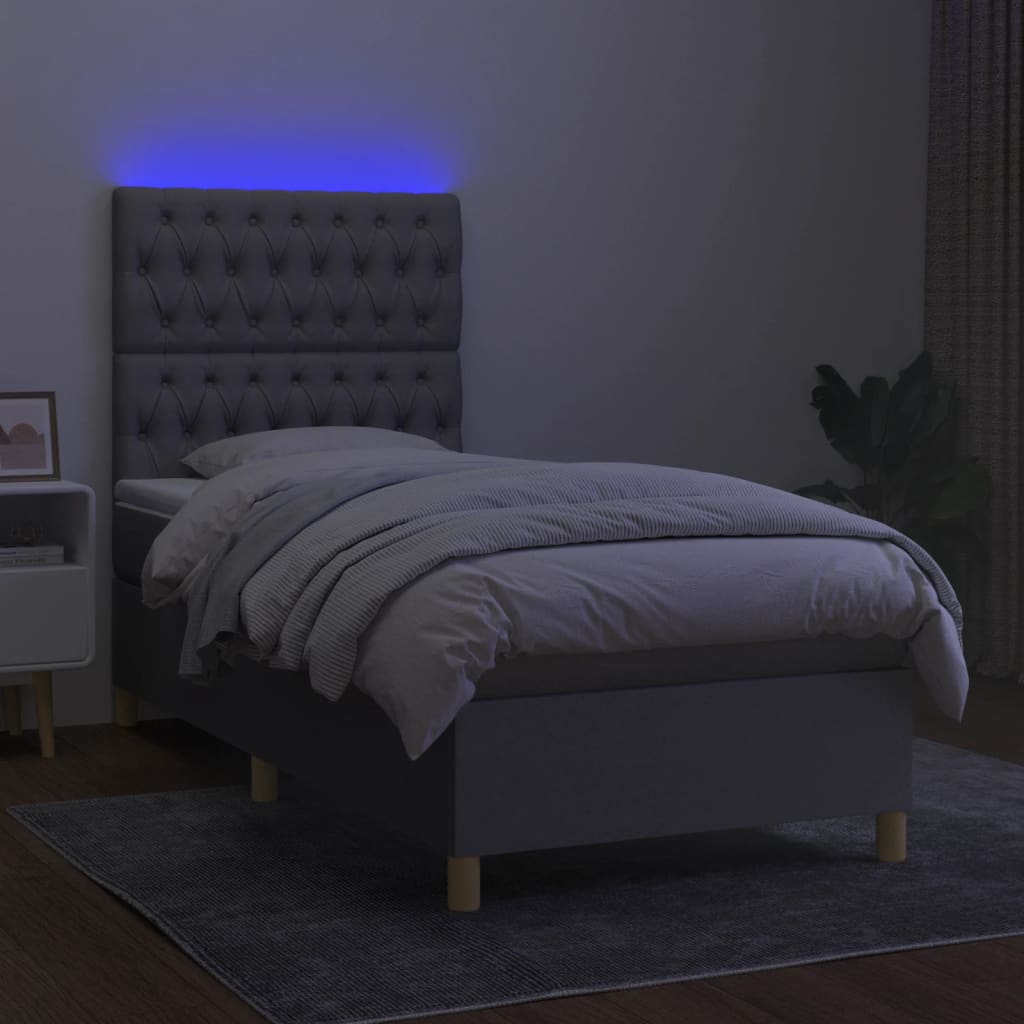 világosszürke szövet rugós és LED-es ágy matraccal 90x200 cm