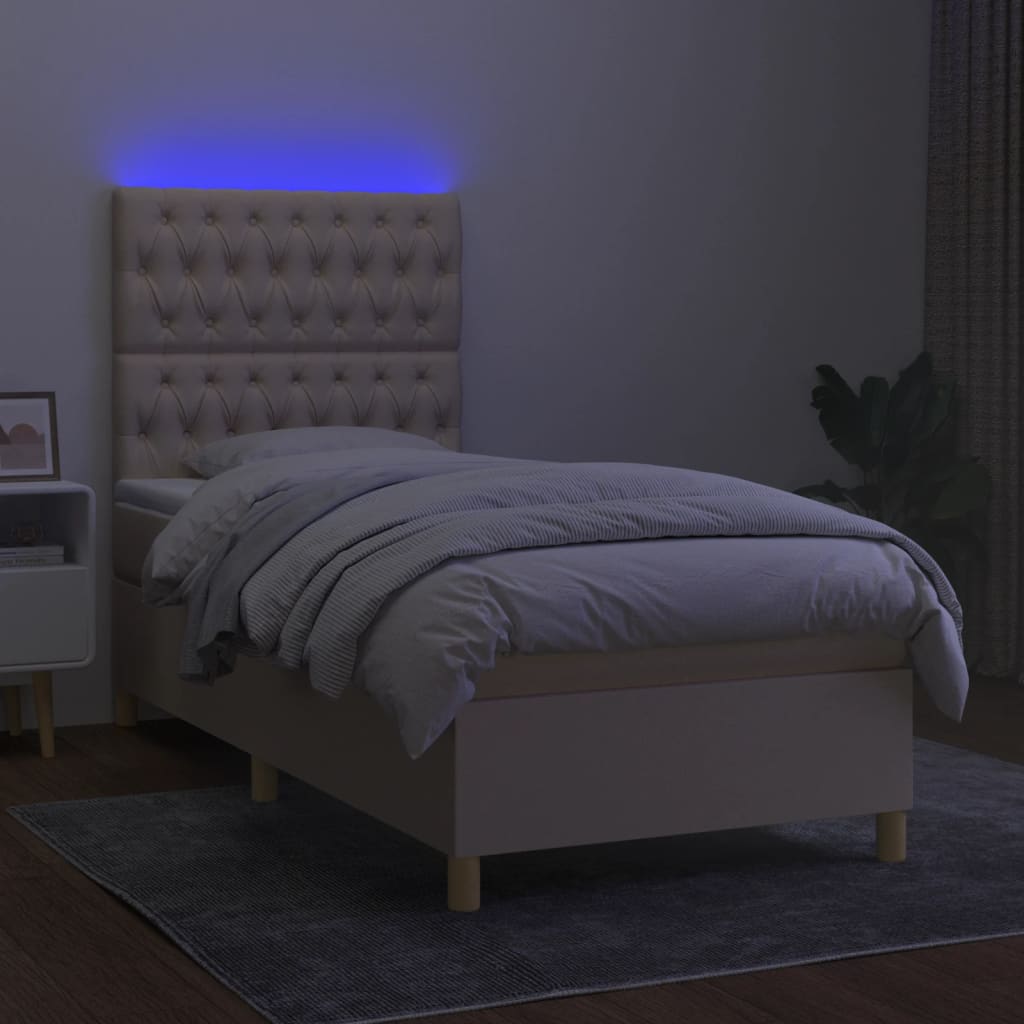 krémszínű szövet rugós és LED-es ágy matraccal 90x200 cm