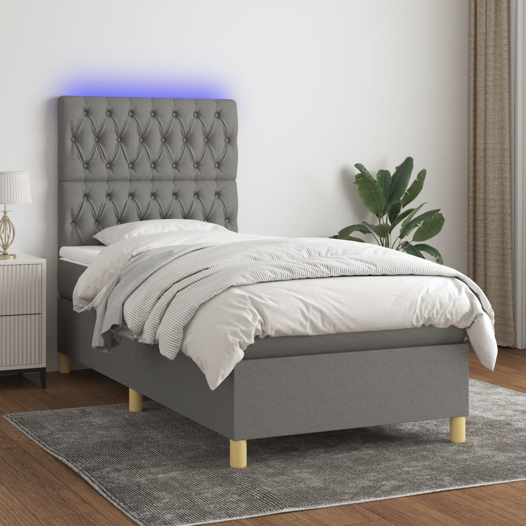 sötétszürke szövet rugós és LED-es ágy matraccal 100x200 cm