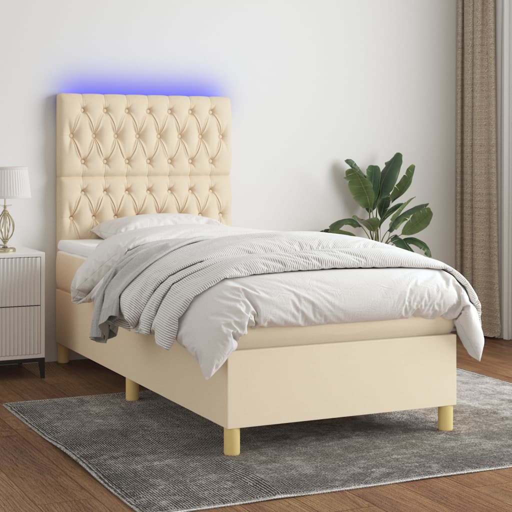krémszínű szövet rugós és LED-es ágy matraccal 100x200 cm