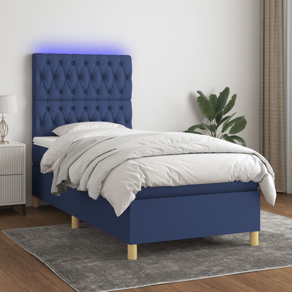 kék szövet rugós és LED-es ágy matraccal 100x200 cm