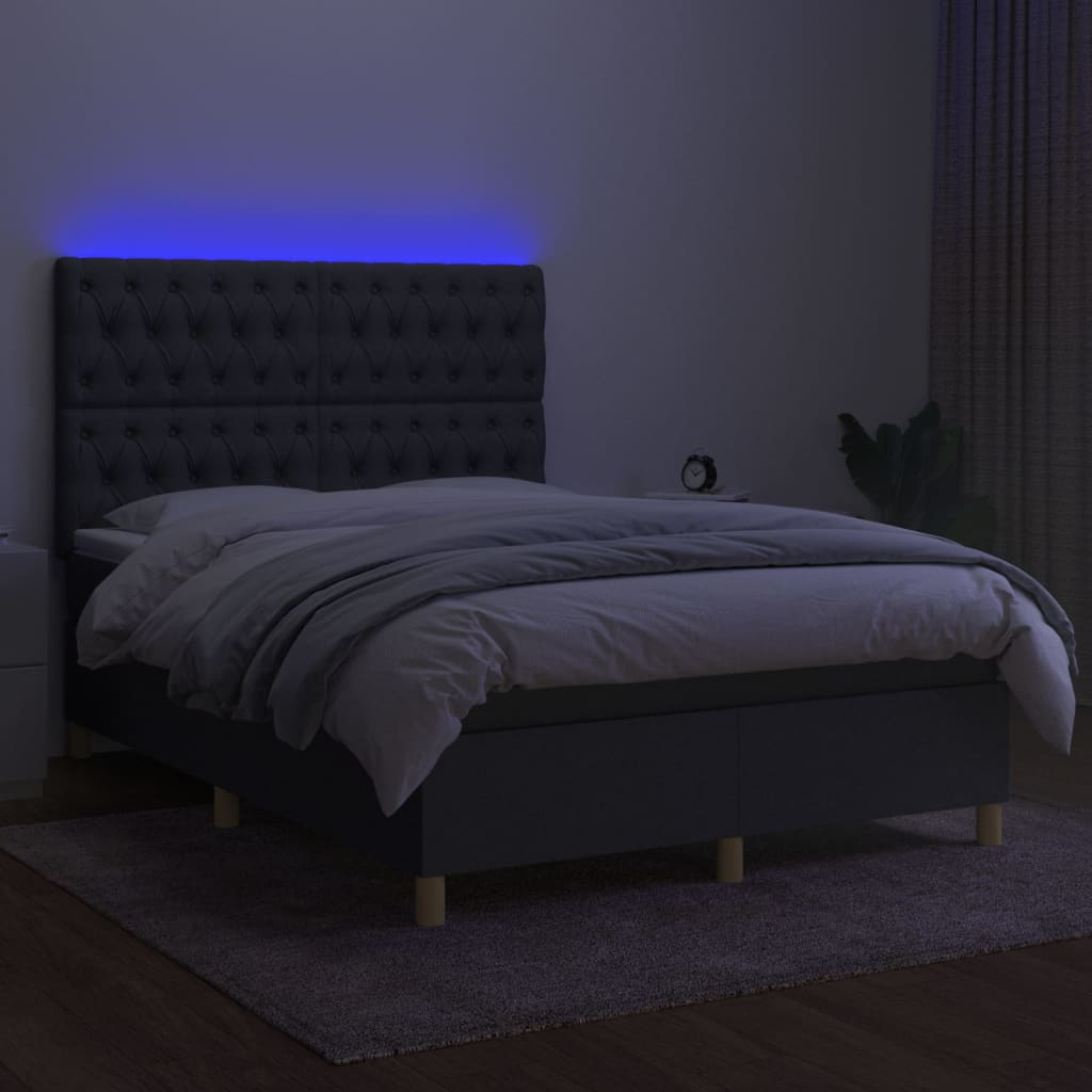 sötétszürke szövet rugós és LED-es ágy matraccal 140x190 cm