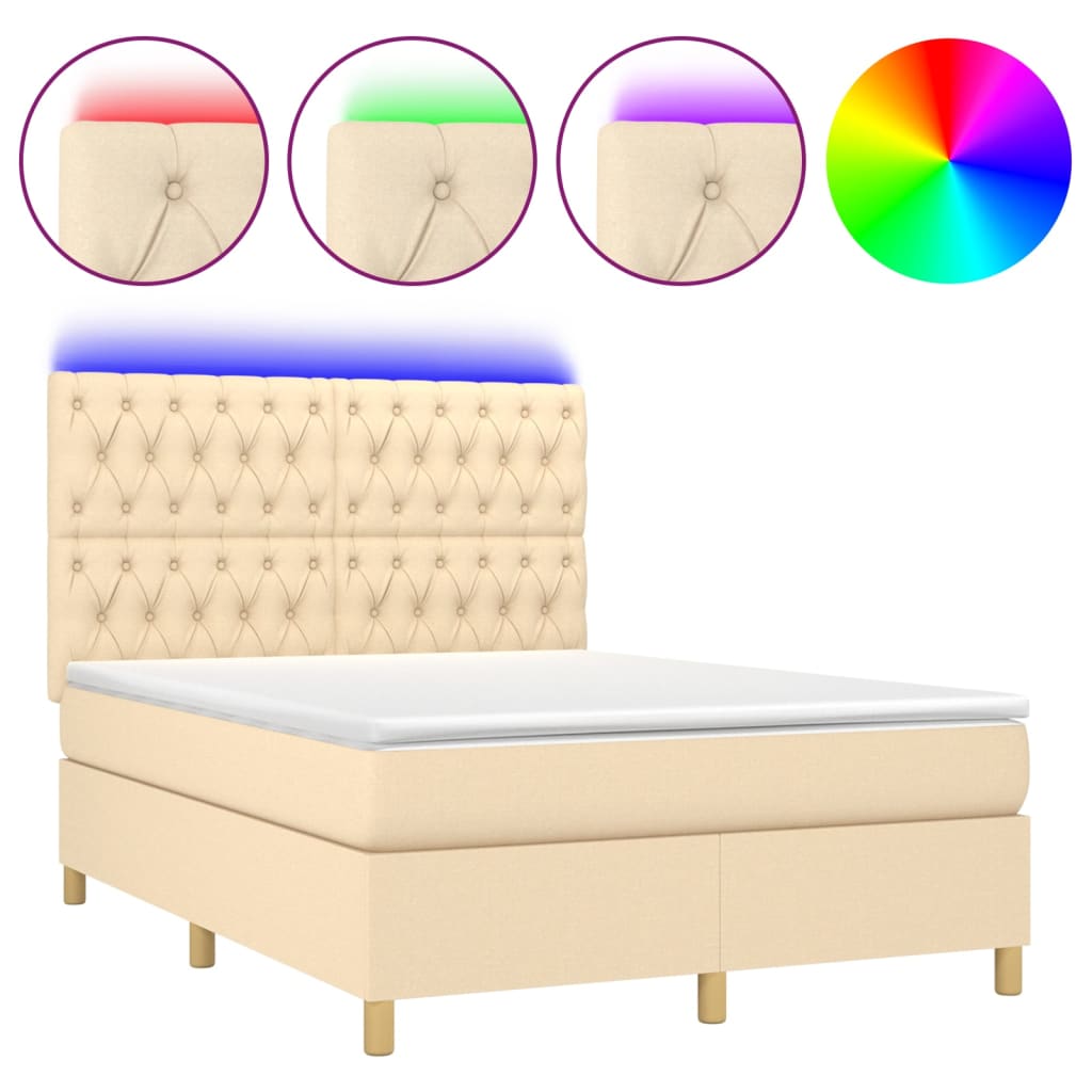 krémszínű szövet rugós és LED-es ágy matraccal 140x190cm