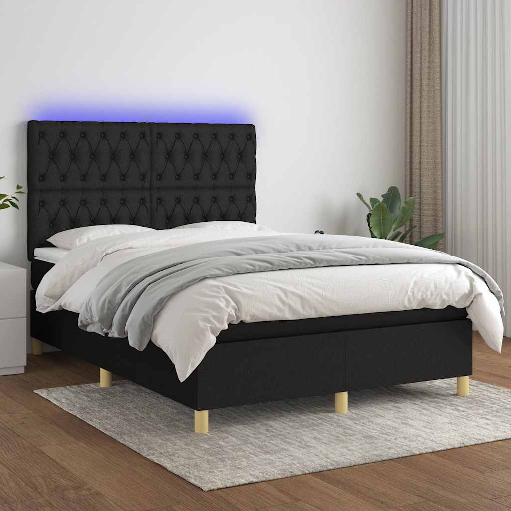 fekete szövet rugós és LED-es ágy matraccal 140x200 cm