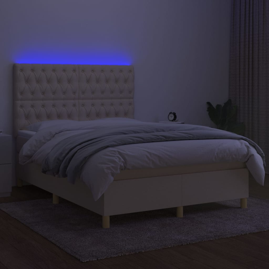krémszínű szövet rugós és LED-es ágy matraccal 140x200 cm