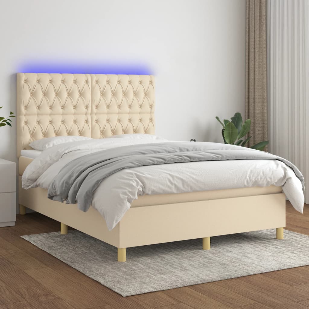 krémszínű szövet rugós és LED-es ágy matraccal 140x200 cm