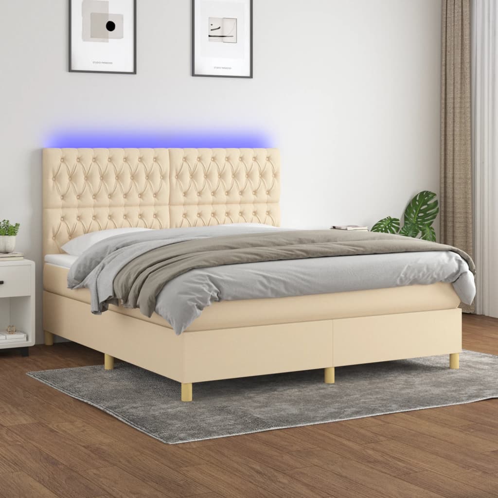 krémszínű szövet rugós és LED-es ágy matraccal 160x200 cm