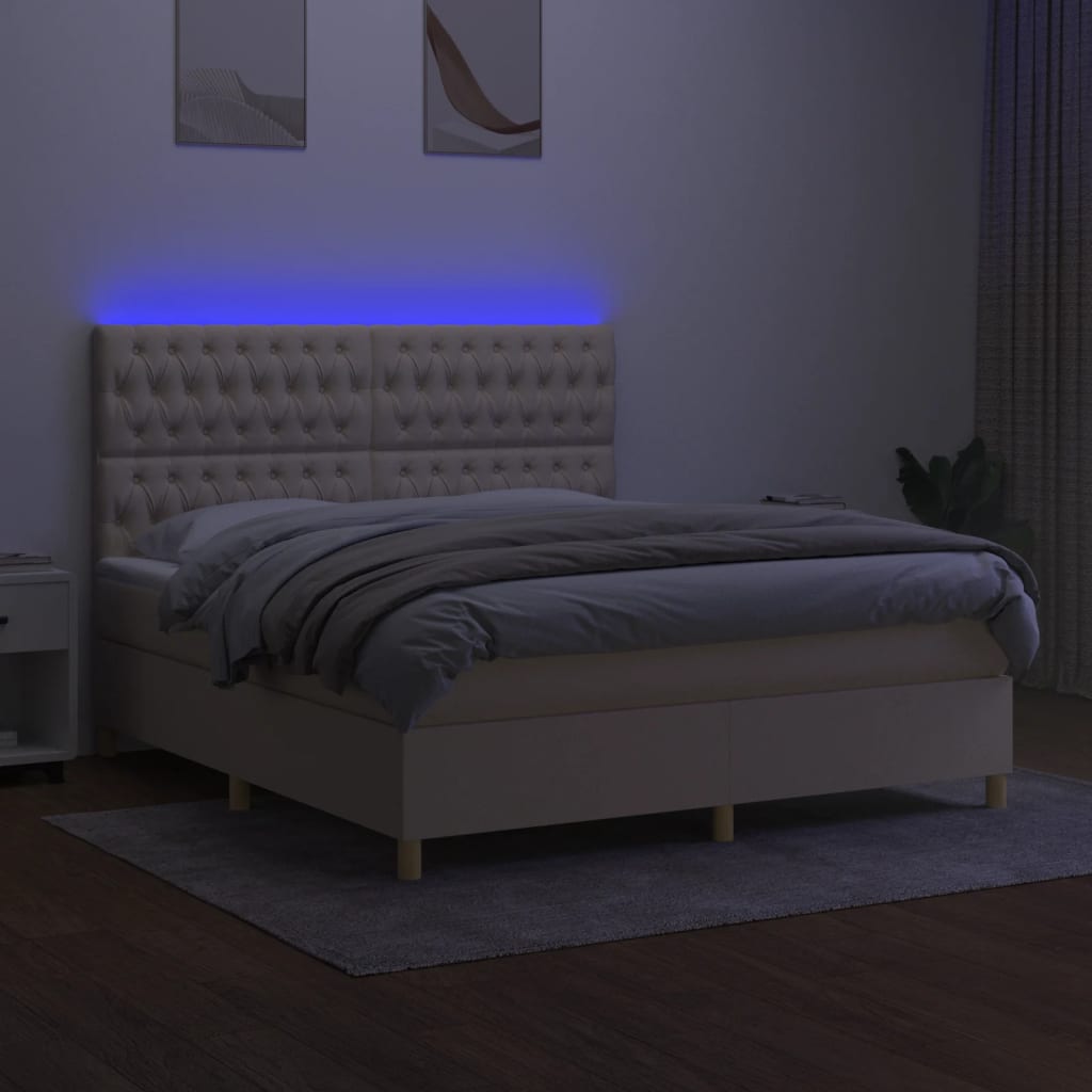 krémszínű szövet rugós és LED-es ágy matraccal 180 x 200 cm