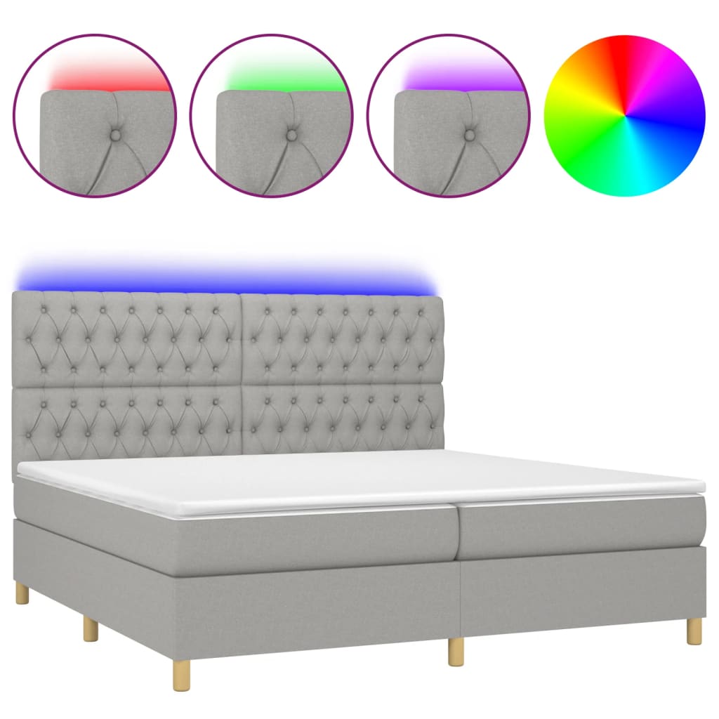 világosszürke szövet rugós és LED-es ágy matraccal 200x200 cm