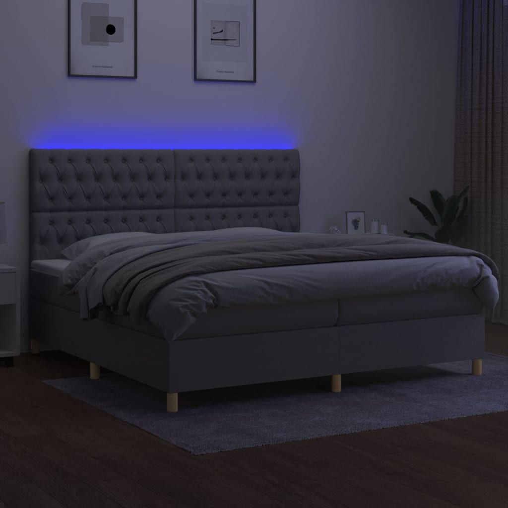 világosszürke szövet rugós és LED-es ágy matraccal 200x200 cm