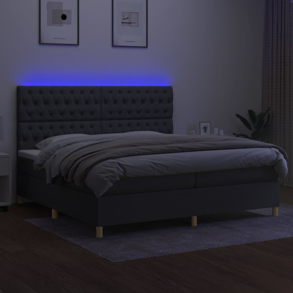 sötétszürke szövet rugós és LED-es ágy matraccal 200x200 cm