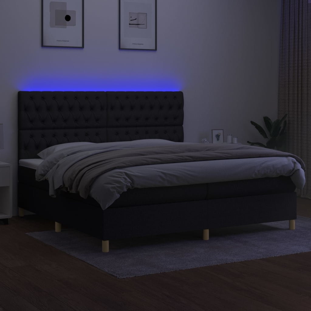 fekete szövet rugós és LED-es ágy matraccal 200x200 cm