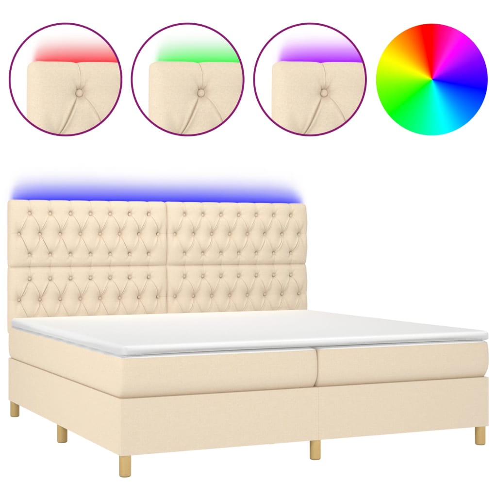 krémszínű szövet rugós és LED-es ágy matraccal 200 x 200 cm