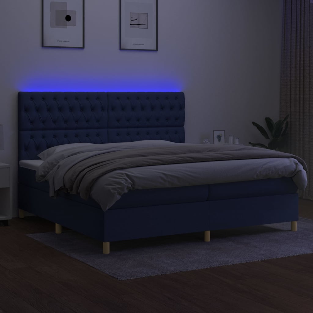 kék szövet rugós és LED-es ágy matraccal 200 x 200 cm