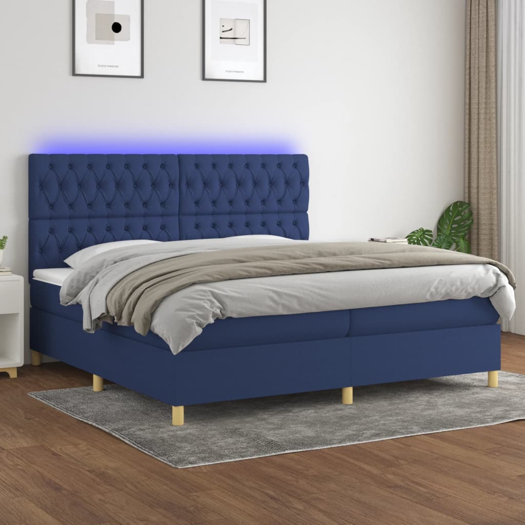 kék szövet rugós és LED-es ágy matraccal 200 x 200 cm