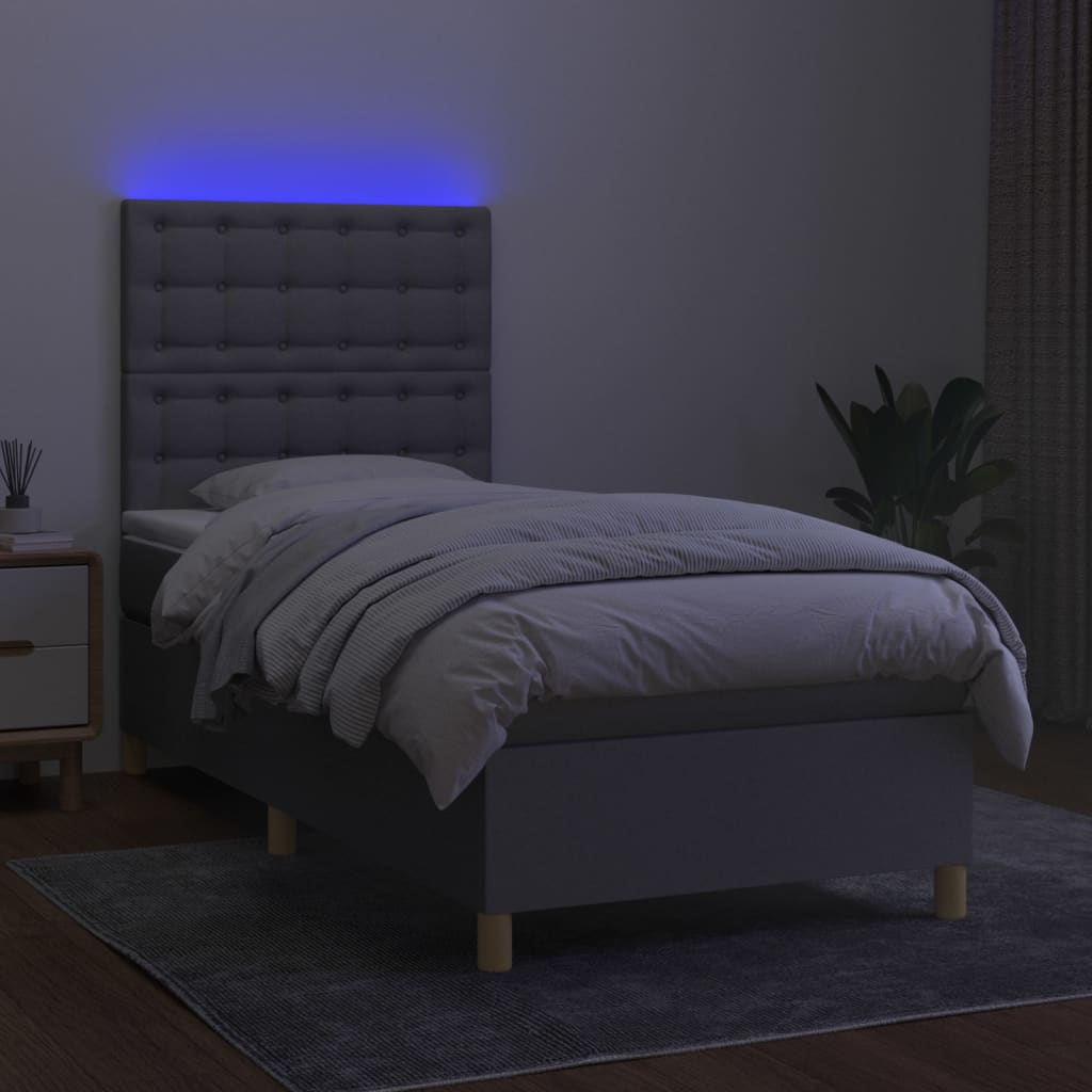 világosszürke szövet rugós és LED-es ágy matraccal 80 x 200 cm