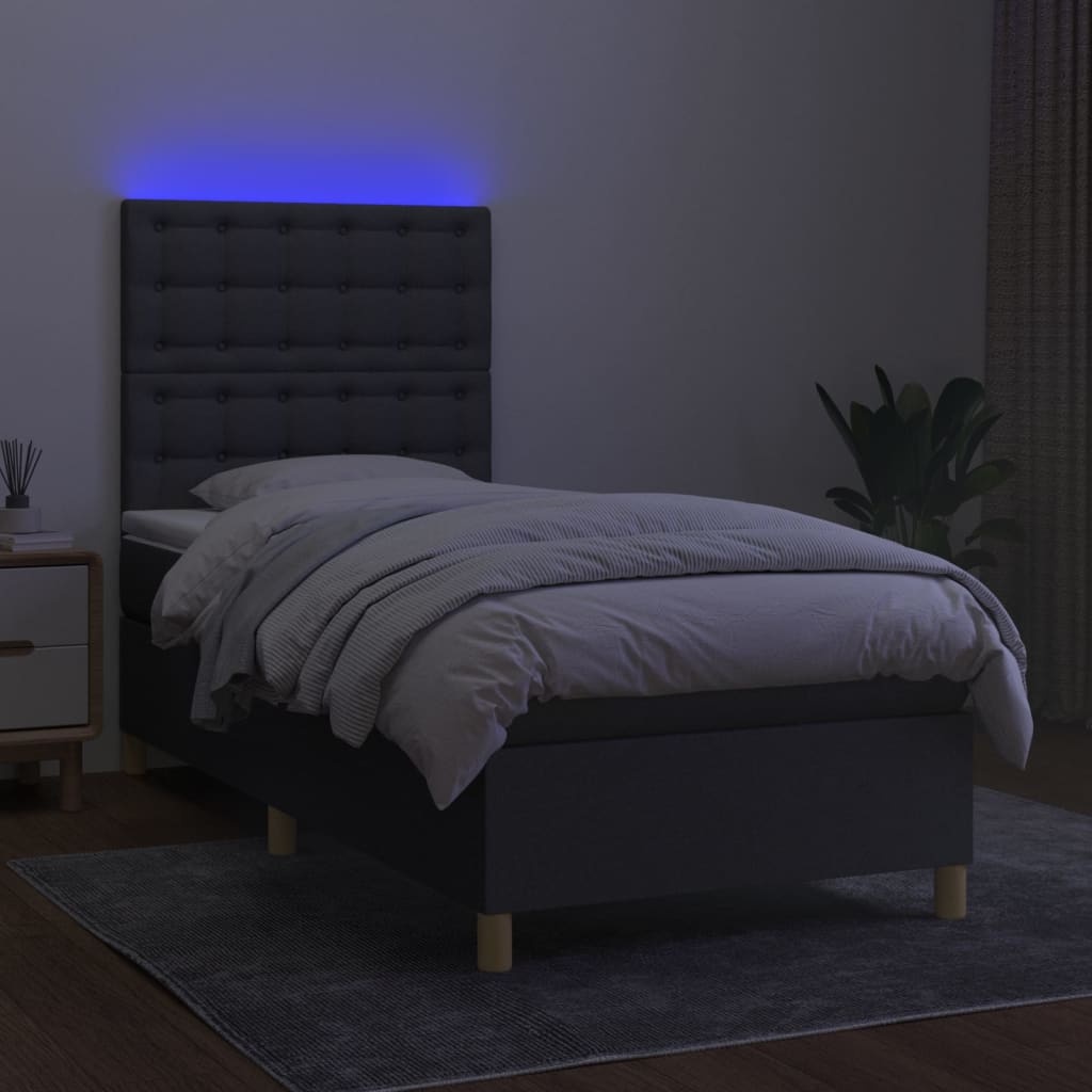 sötétszürke szövet rugós és LED-es ágy matraccal 80 x 200 cm