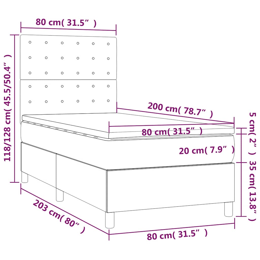 fekete szövet rugós és LED-es ágy matraccal 80 x 200 cm