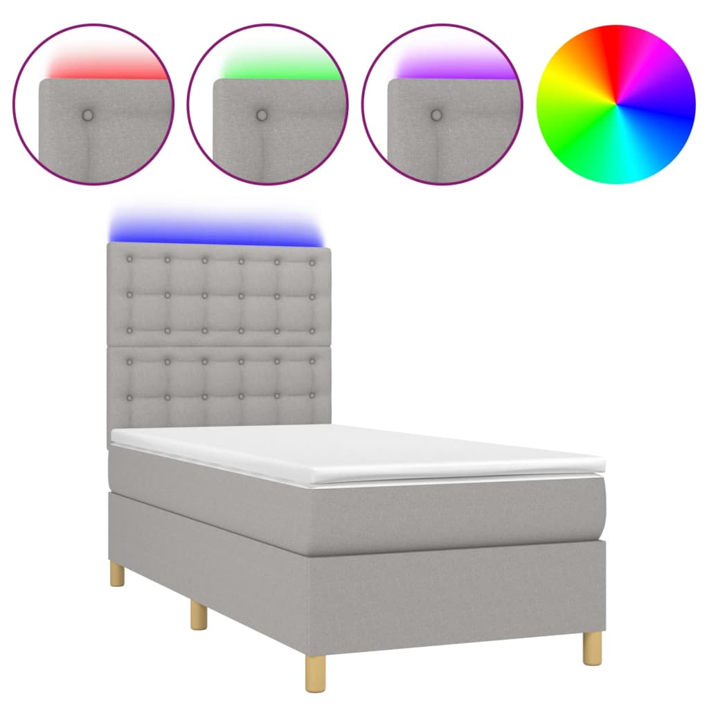 világosszürke szövet rugós és LED-es ágy matraccal 90x190 cm