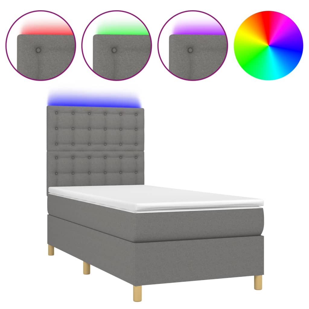 sötétszürke szövet rugós és LED-es ágy matraccal 90x190 cm