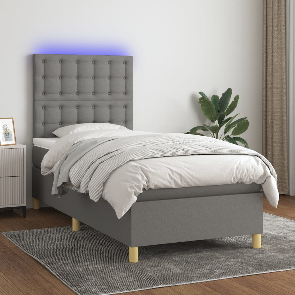 sötétszürke szövet rugós és LED-es ágy matraccal 100x200 cm